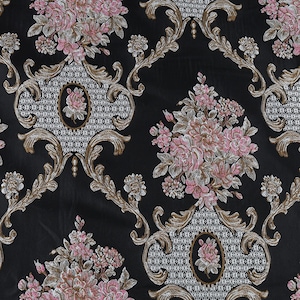 Czarny - Tkanina żakardowa z wytłoczonym wzorem kwiatowym, materiał obiciowy z brokatu, szerokość 58 cali - sprzedawana na wymiar