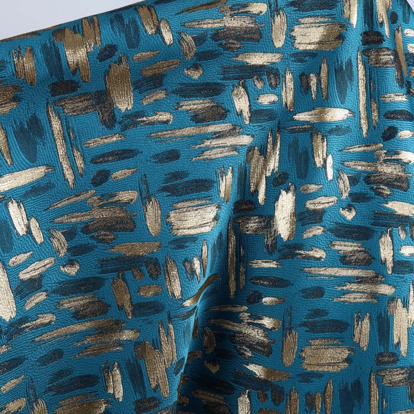 Turquoise brocade jacquard fabric gold thread patch for dress making 58" wide - sold by the yard