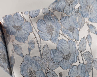 Light blue - poppy flower jacquard fabric for dress making 55 inch wide - sold by the yard