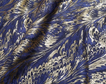 Peacock Gold feather jacquard fabric gold thread brocade 58" wide - Royal Blue back ground - sold by the yard