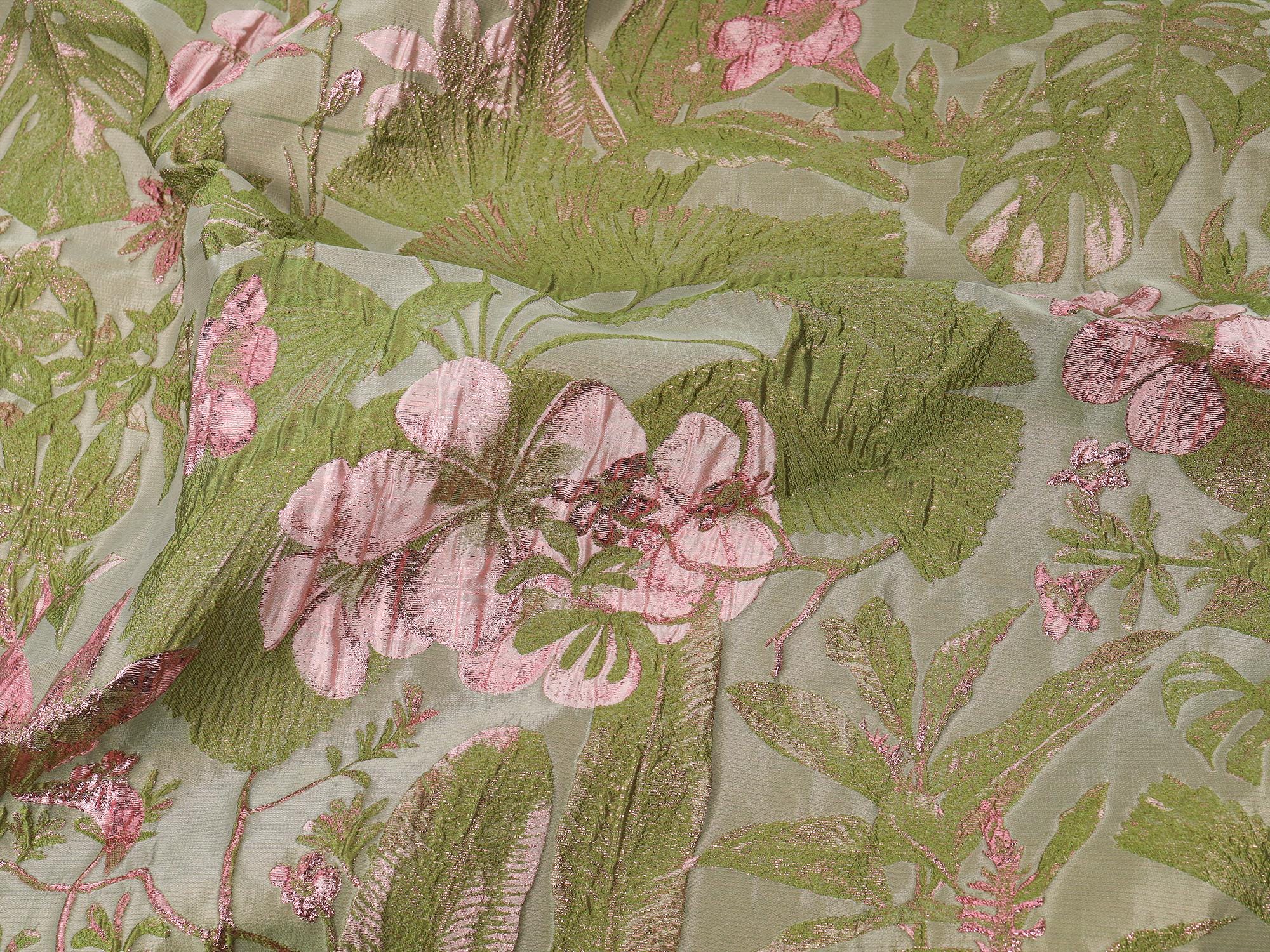 Textured Palm Leaves and Pink Flowers Pattern Jacquard Fabric Casual-Wear Furniture Decoration Sewing Supplies 57" Wide - sold by the yard