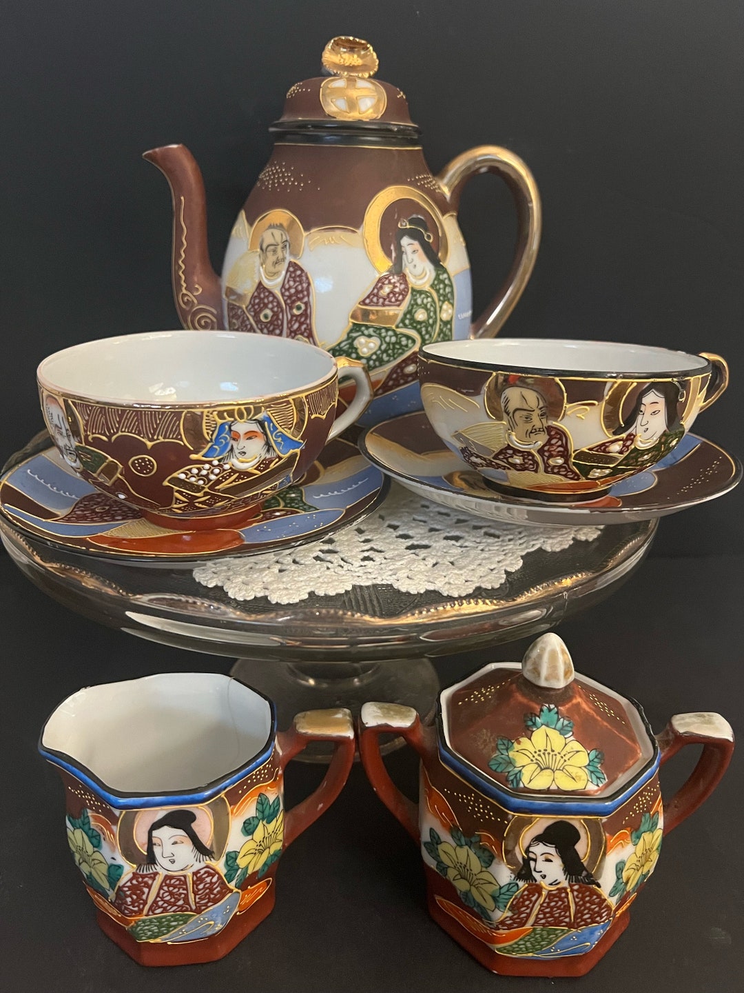 Vintage Japan Satsuma Red Immortals Fine Porcelain Tea Set