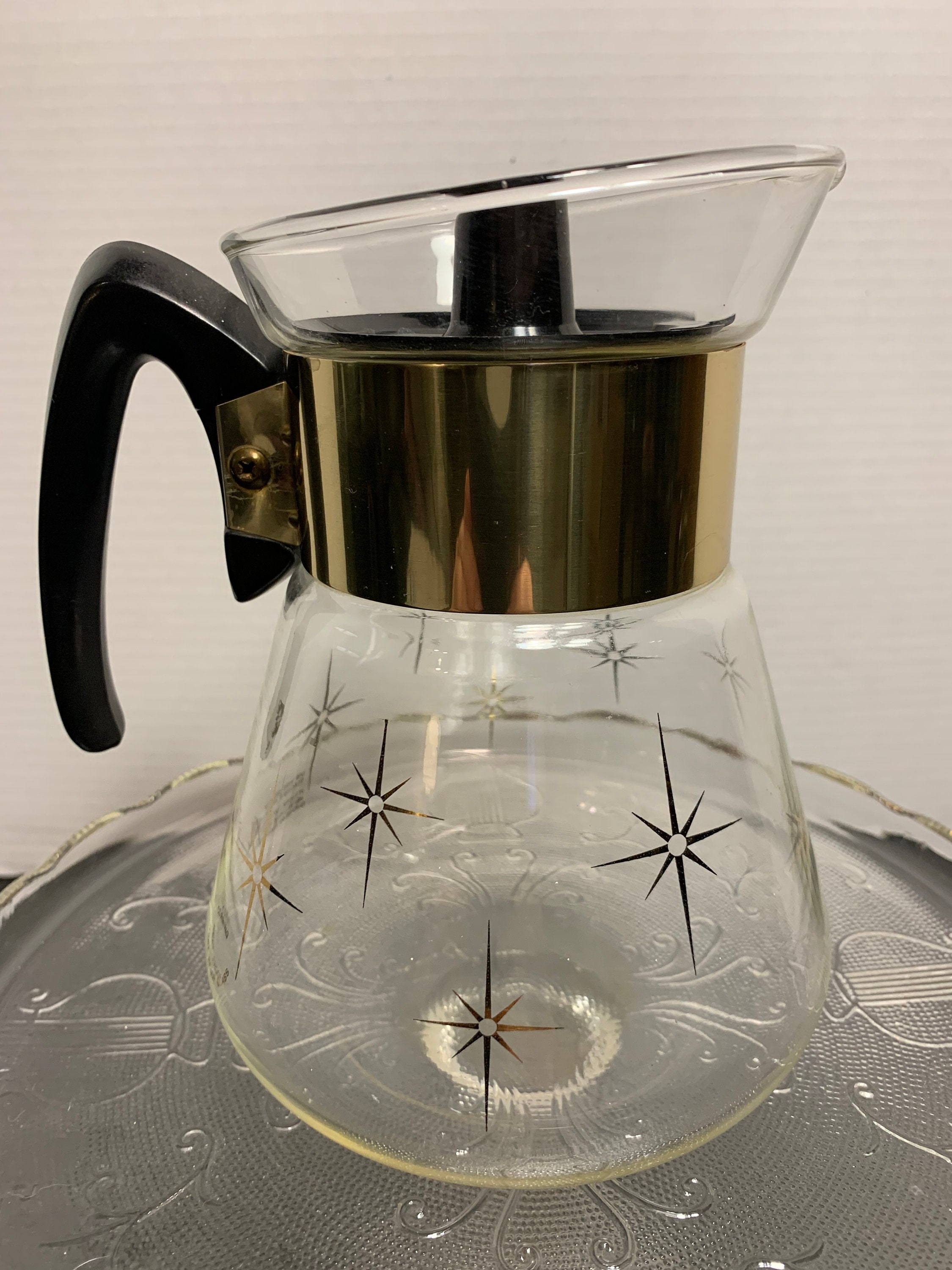 ATOMIC Vintage MCM CORNING GLASS COFFEE CARAFE Pot Atomic Starburst 6 Cup With Lid 