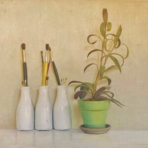 Art Print from an Original Oil Painting on Canvas , Still Life &quot; Milk Bottles And Plant&quot;