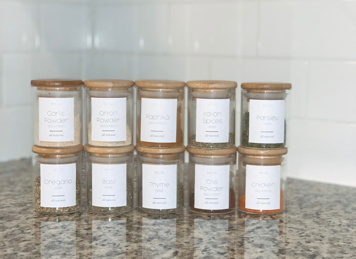 Labeled Glass Spice Jars w/ Bamboo Lids Etsy