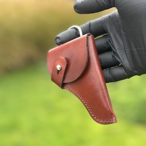 May include: A brown leather holster with a silver-colored snap closure and a key ring. The holster is held against a blurred green background. The leather is stitched along the edges.