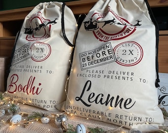 Grande sacco di Babbo Natale, sacchetto regalo di Natale, sacchi di Babbo Natale, sacchetto con nome, regalo di Natale per bambini, sacchetto per calze, vigilia di Natale, giorno di Natale, sacchetto di cotone