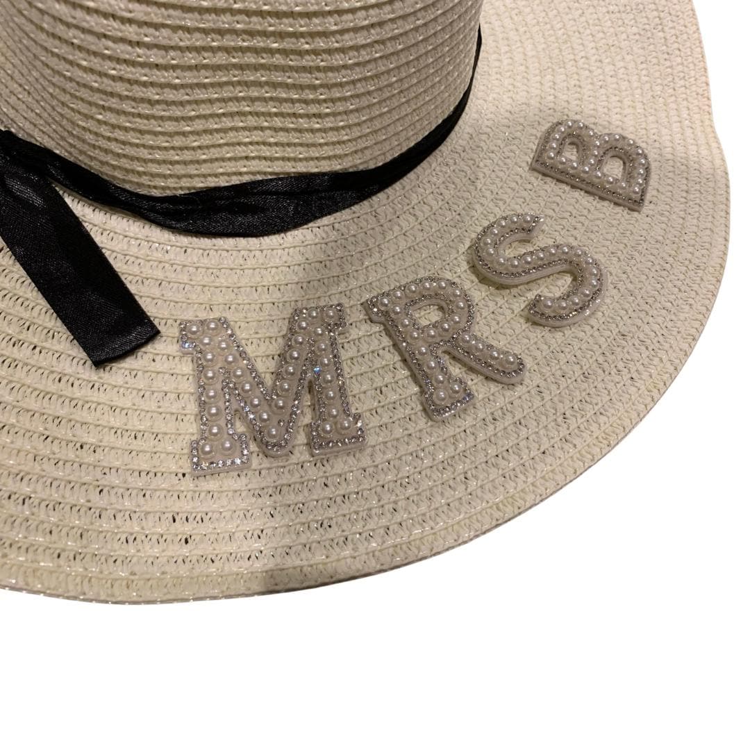 Wide Brim Straw Floppy Sun Hat with Pearl Letter Patch for Beach Wedding Pearl Beach Hat - Etsy main image 3