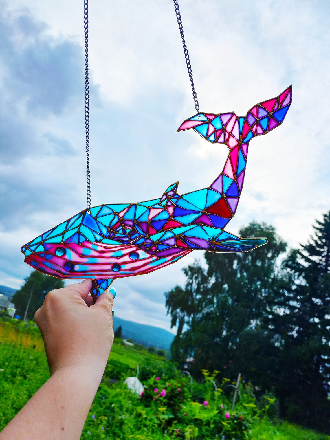 Stained glass Whale Suncatcher Geometric Art Decor Polyganal Etsy