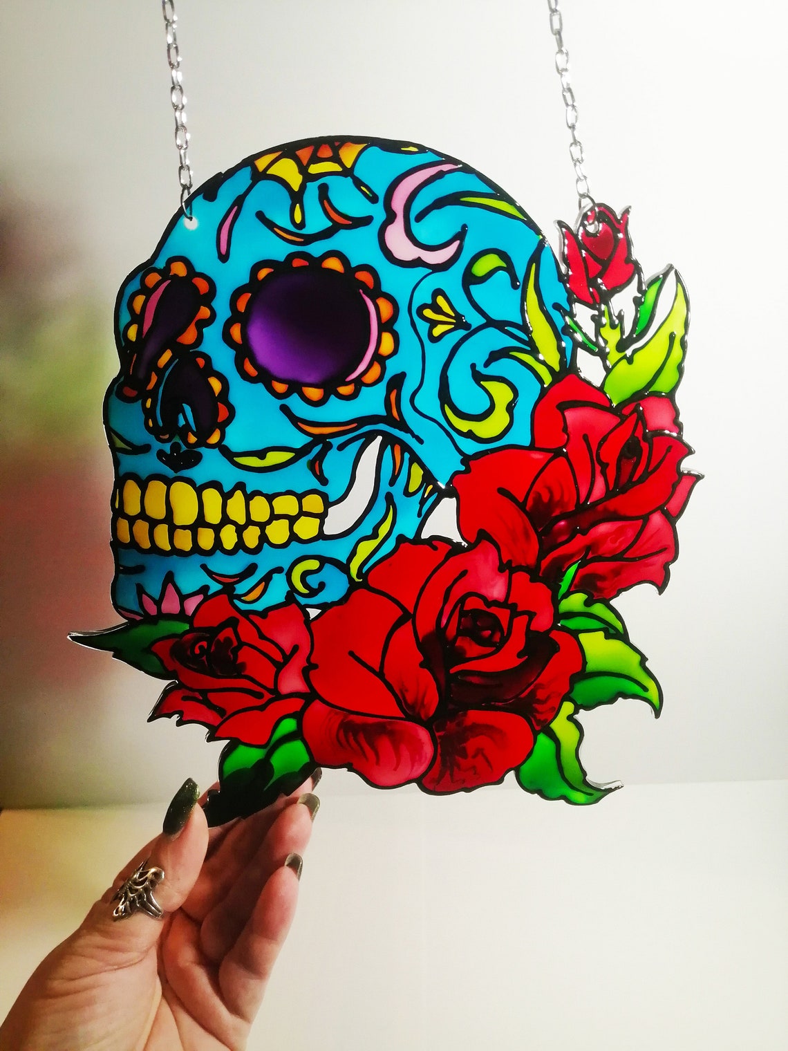 Stained Glass Skull with Red Rose Window art Skull decor Etsy