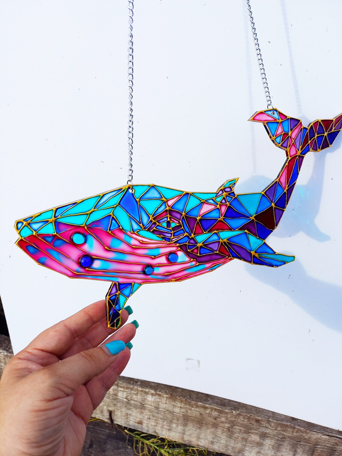 Stained glass Whale Suncatcher Geometric Art Decor Polyganal Etsy