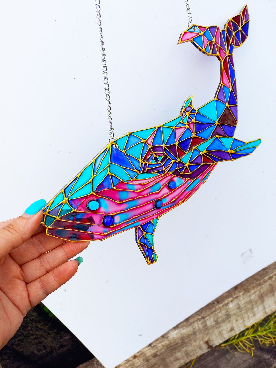 Stained glass Whale Suncatcher Geometric Art Decor Polyganal Etsy