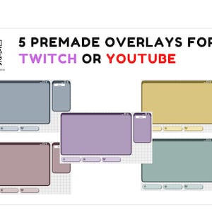 May include: Five premade overlays for Twitch or YouTube. The overlays are in different colors and have a chat box and a title bar. The overlays are on a grid background.