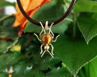 Handmade Tiger’s Eye Beetle gold Pendant Necklace – Silver Insect Jewelry Gift, Unique Nature Statement Piece