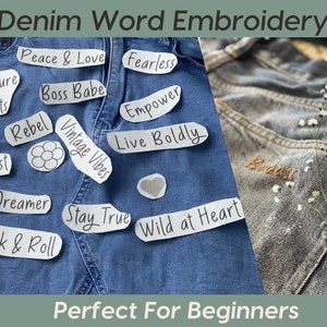 Word embroidery for your denim, perfect beginner sized font, quick and easy to apply to jeans, other clothing, tote etc. It looks amazing.