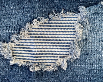 Toppa a righe blu, toppe stirabili, toppe per jeans, toppa facile da applicare, riparazione jeans, toppe in tessuto, stampa a righe, fatte a mano, lavabili