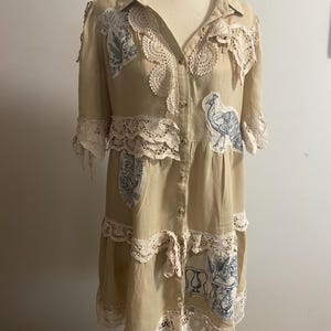 Button Up Dress With Vintage Lace, illustration patches, Boho, Shabby, One of Kind. Upcycled. Could be used as open duster or dress.