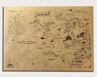 The Kingdoms Of Albion Fantasy Map, Vintage Camelot Wall Art, Merlin Home Decor Poster, King Arthur & Excalibur, Kilgharrah, Gaius Art