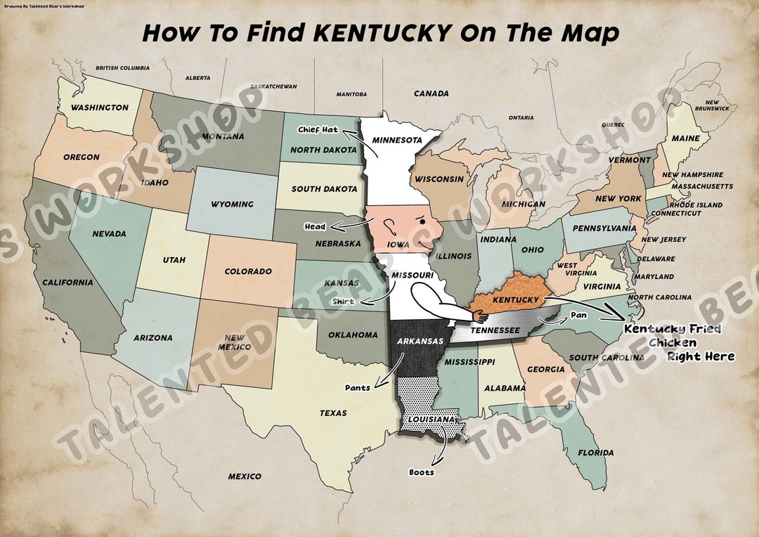 How to Find Kentucky on Map, Funny America Map Digital Print, Printable