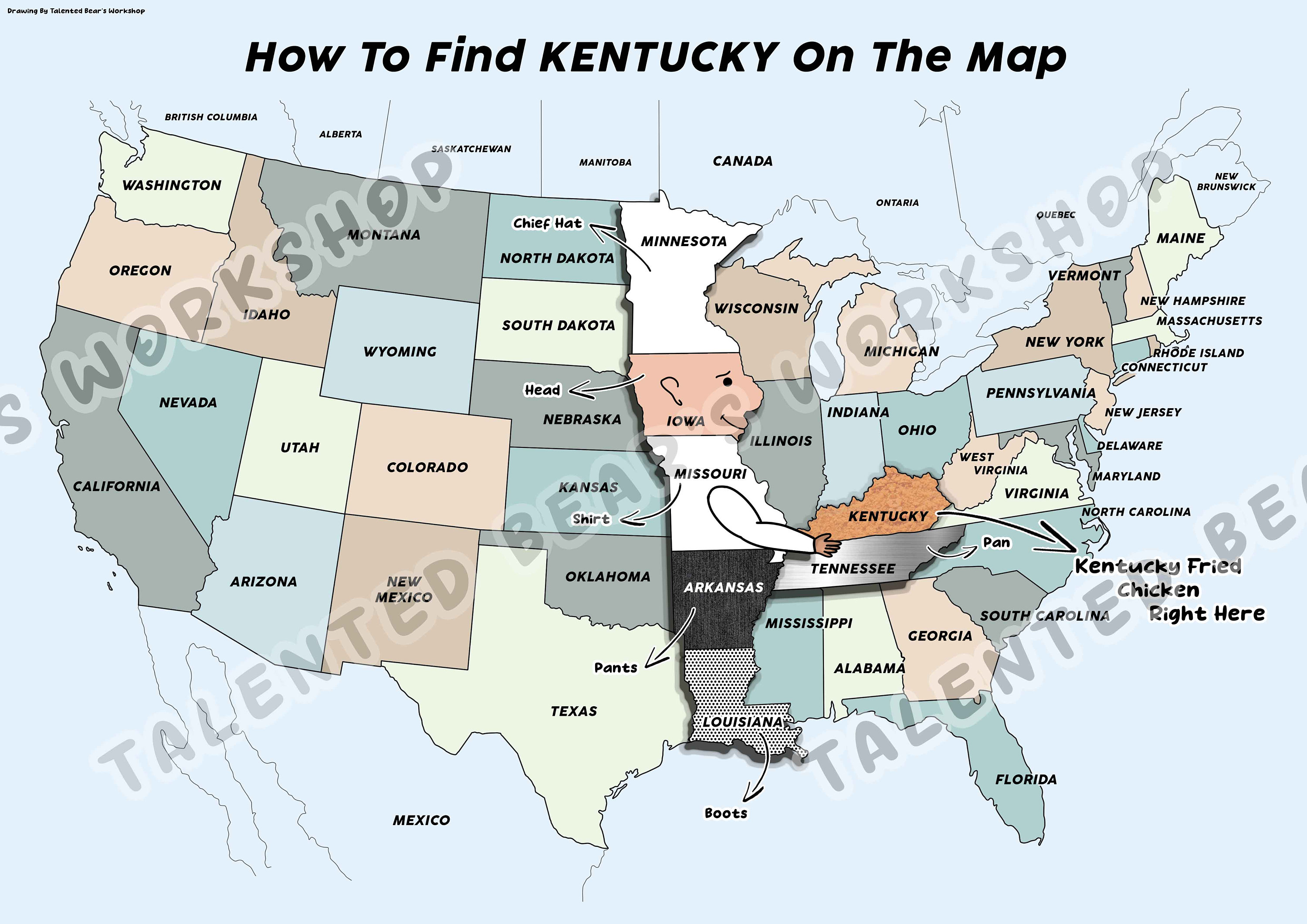 How to Find Kentucky on Map, Funny America Map Digital Print, Printable Art, United States of