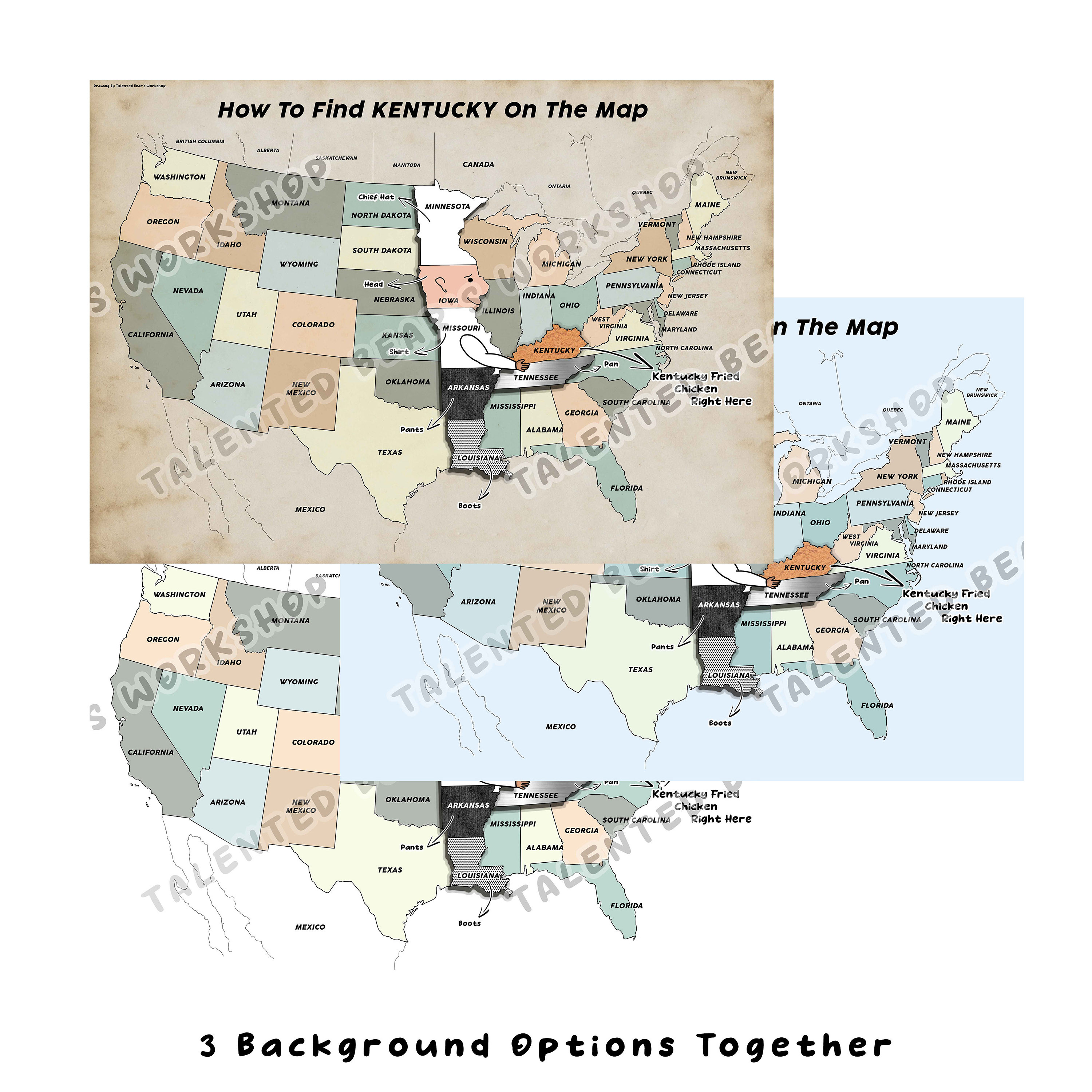 How to Find Kentucky on Map, Funny America Map Digital Print, Printable Art, United States of