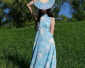 1970s Gunne Sax Style Blue Paisley Print Prairie Maxi Dress