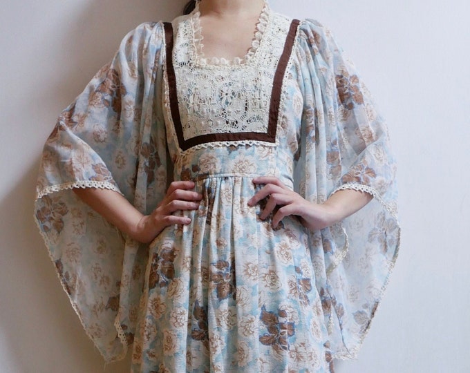 1970s Gunne Sax Style Angel Wing Sleeves Prairie Maxi Dress - Etsy