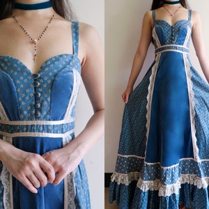 Rare 1970s Gunne Sax Blue Velveteen Prairie Style Maxi Sundress