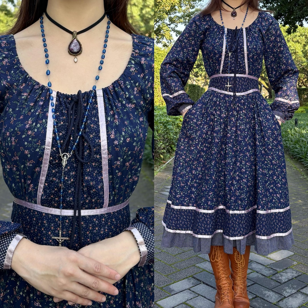 1970s Gunne Sax Drawstring Deep Navy Blue Calico Prairie Midi Dress - Etsy