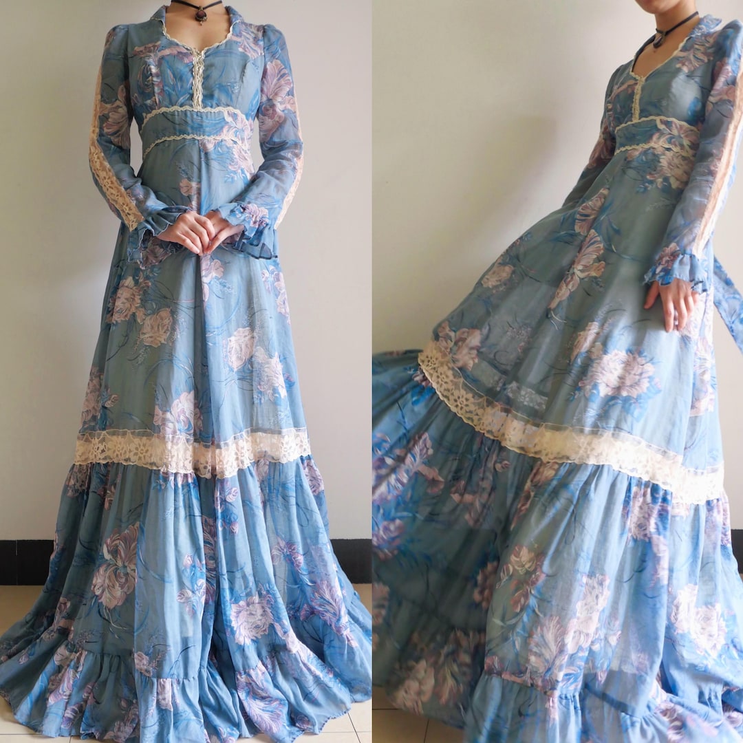 1970s Gunne Sax Dusty Blue Night-blooming Floral Corset Voile Maxi ...