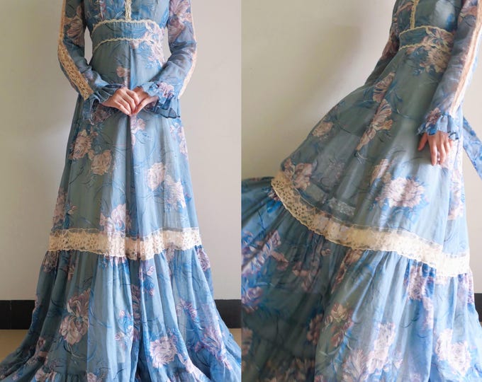 1970s Gunne Sax Dusty Blue Night-blooming Floral Corset Voile Maxi ...