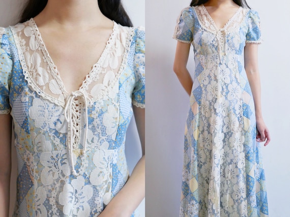 1970s Gunne Sax Style Patchwork Print Maxi Dress - Gem