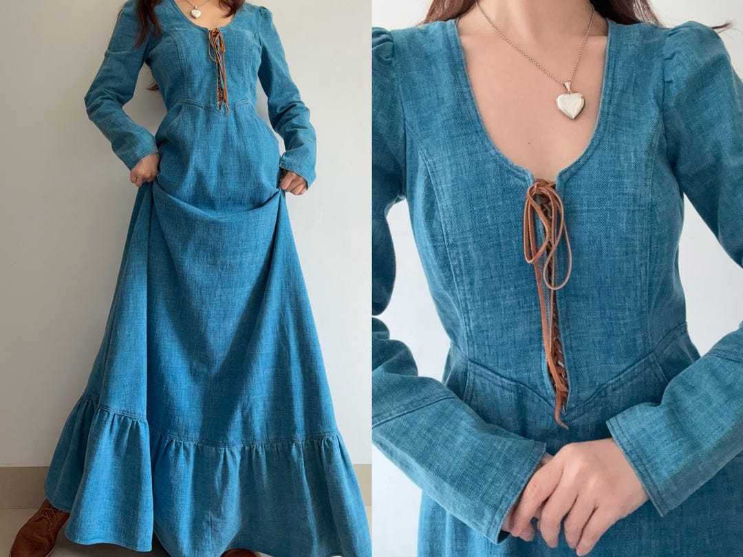 1970s Gunne Sax Denim Lace-up Suede Corset Maxi Dress - Etsy
