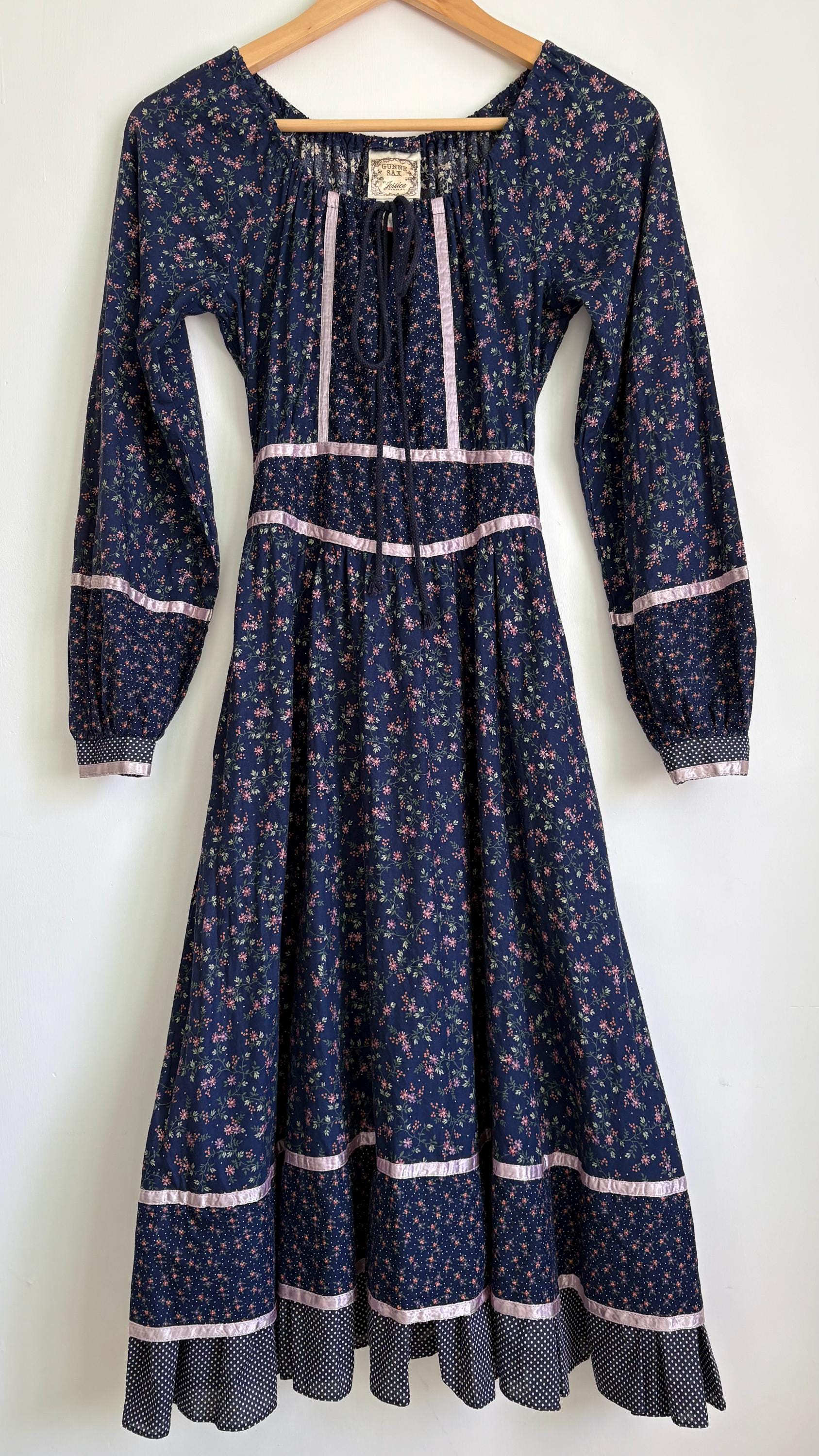 1970s Gunne Sax Drawstring Deep Navy Blue Calico Prairie Midi Dress - Etsy