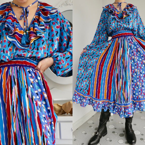 1980s Diane Freis Bohemian Mixed Print Midi Dress Made in Hong Kong