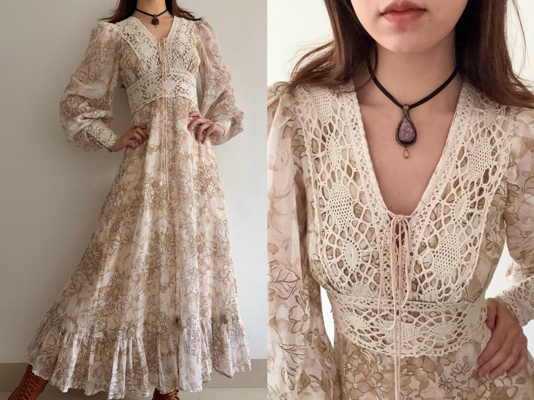 Altered* 1970s Gunne Sax Voile Dress With Autumn Floral Print and ...