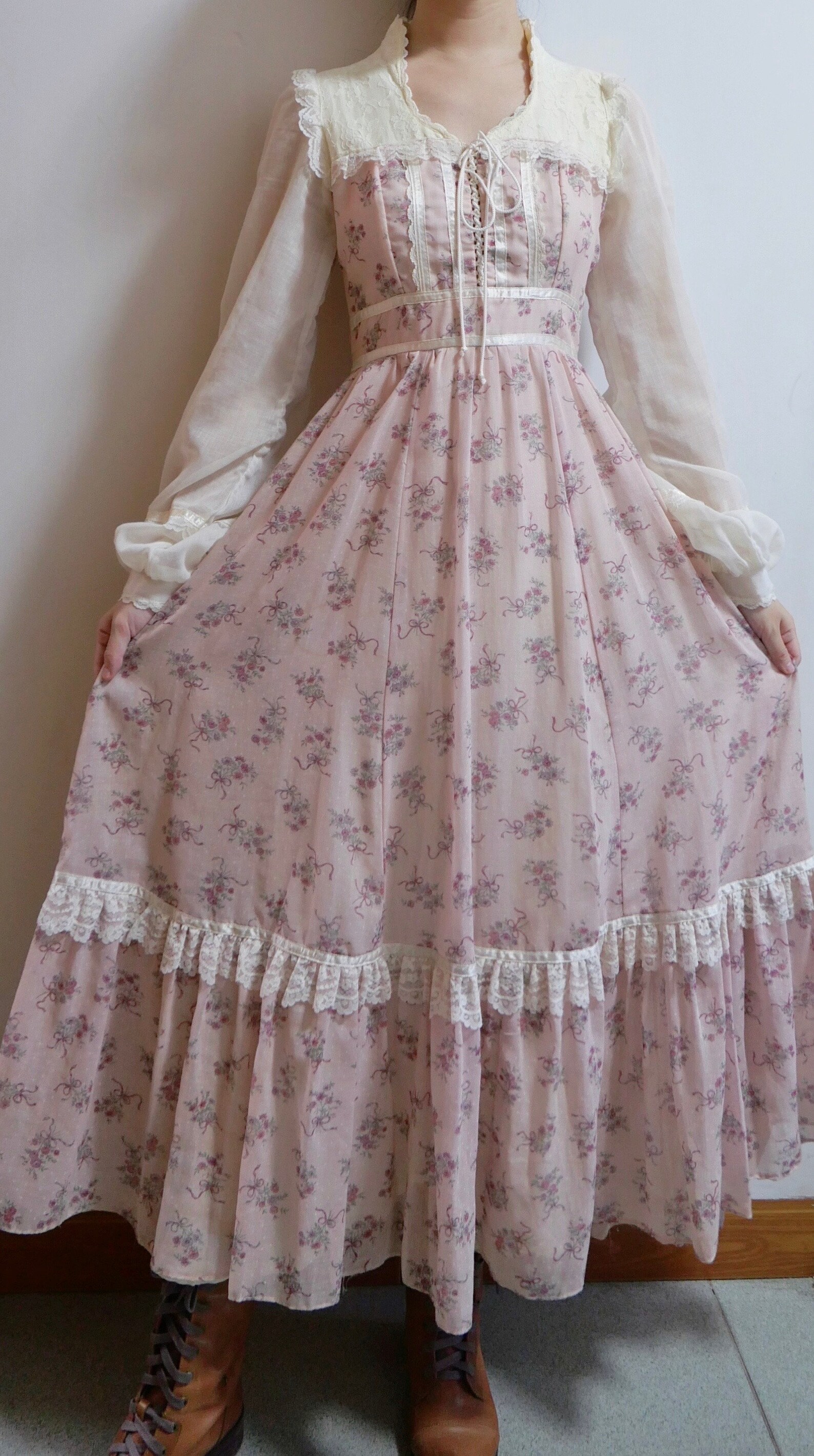 1970s Gunne Sax Pink Floral Corset Prairie Cottagecore Dress Etsy