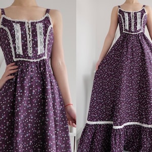 1970s Gunne Sax Ripe Purple Grape Calico Prairie Maxi Sundress