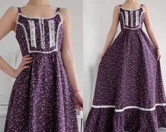 1970s Gunne Sax Ripe Purple Grape Calico Prairie Maxi Sundress