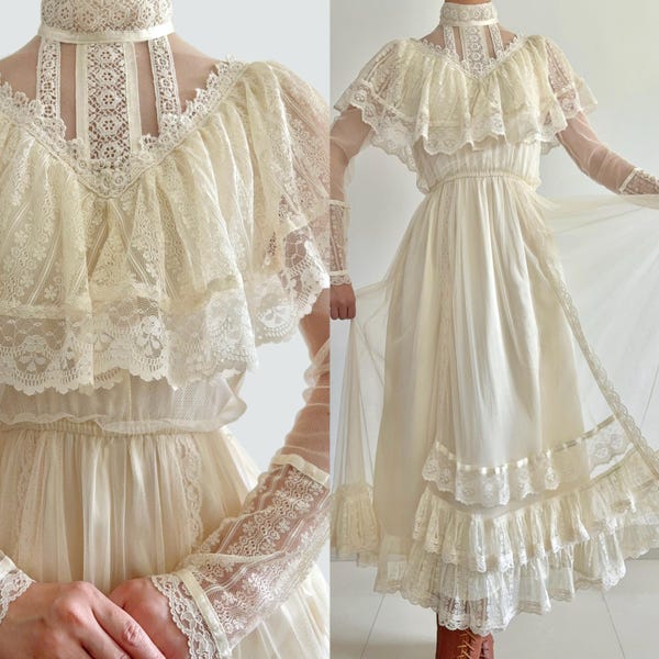 1970s Gunne Sax Victorian Ivory Tulle Cottagecore Wedding Midi Dress