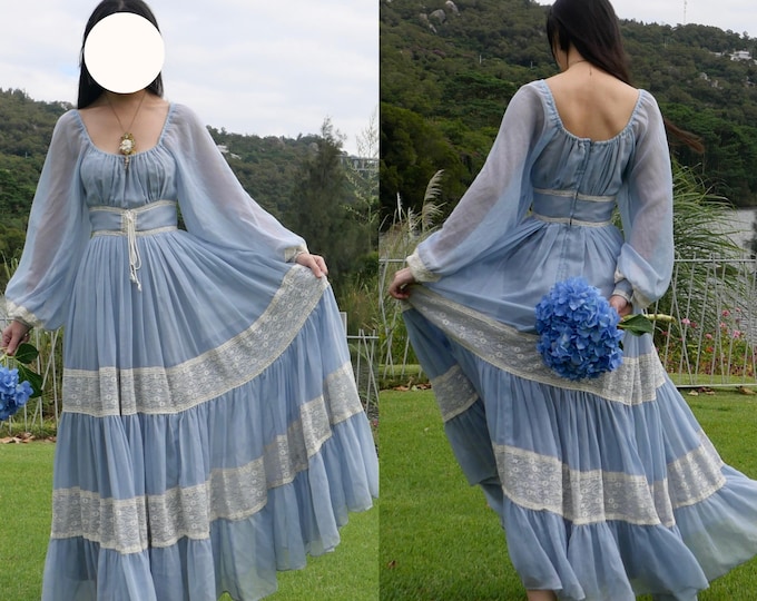 1970s Gunne Sax Cottagecore Pale Blue Corset Balloon Sleeves Maxi Dress ...