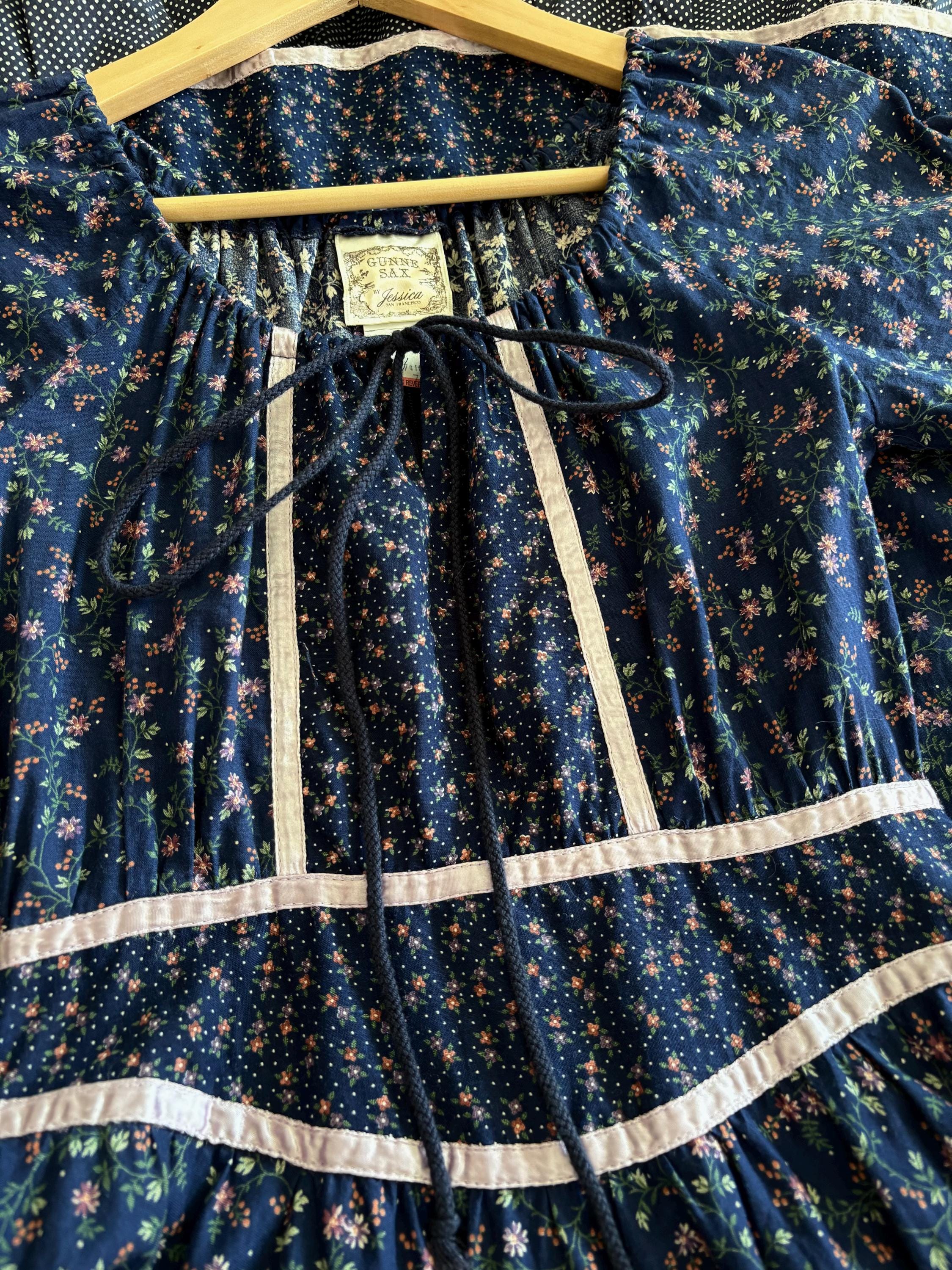 1970s Gunne Sax Drawstring Deep Navy Blue Calico Prairie Midi Dress - Etsy