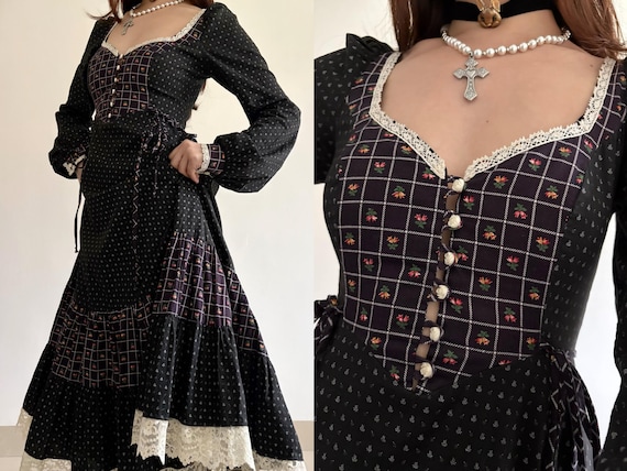 1970s Gunne Sax Black Calico Prairie Midi Dress with … - Gem