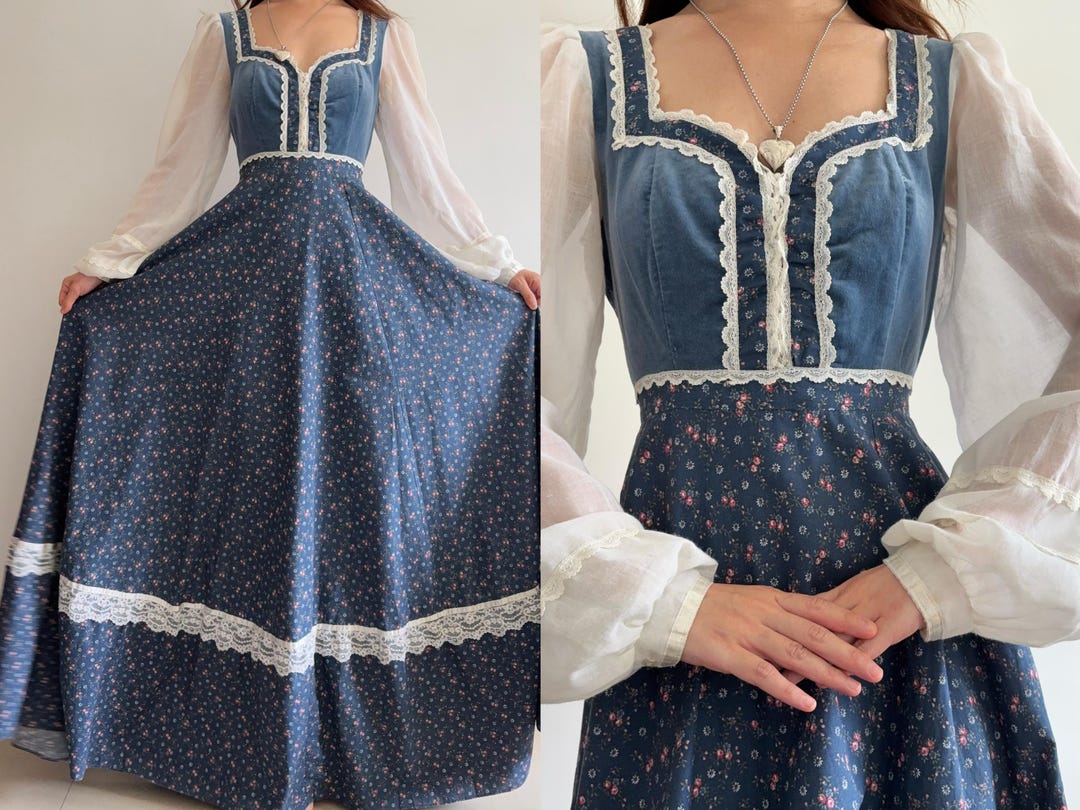 1970s Gunne Sax Prairie Maxi Dress / Blue Calico Velvet / Cottagecore ...