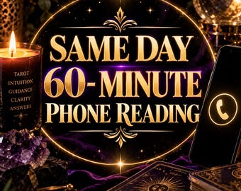 May include: A black candle with the text Tarot, Intuition, Guidance, Clarity, Answers, a smartphone with a phone icon, and tarot cards. The central text reads SAME DAY 60-MINUTE PHONE READING in gold lettering against a dark, glowing circular background.