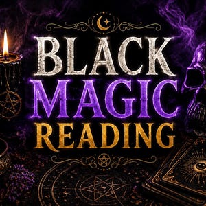 May include: A graphic design featuring the text BLACK MAGIC READING in white, purple, and gold lettering. The composition includes a lit black candle, a human skull, a stack of tarot cards with an eye illustration, and purple crystals.