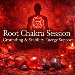 May include: A red-toned image with the text "Root Chakra Session" and "Grounding & Stability Energy Support." The image features a silhouette of a person, candles, crystals, and a glowing chakra symbol.