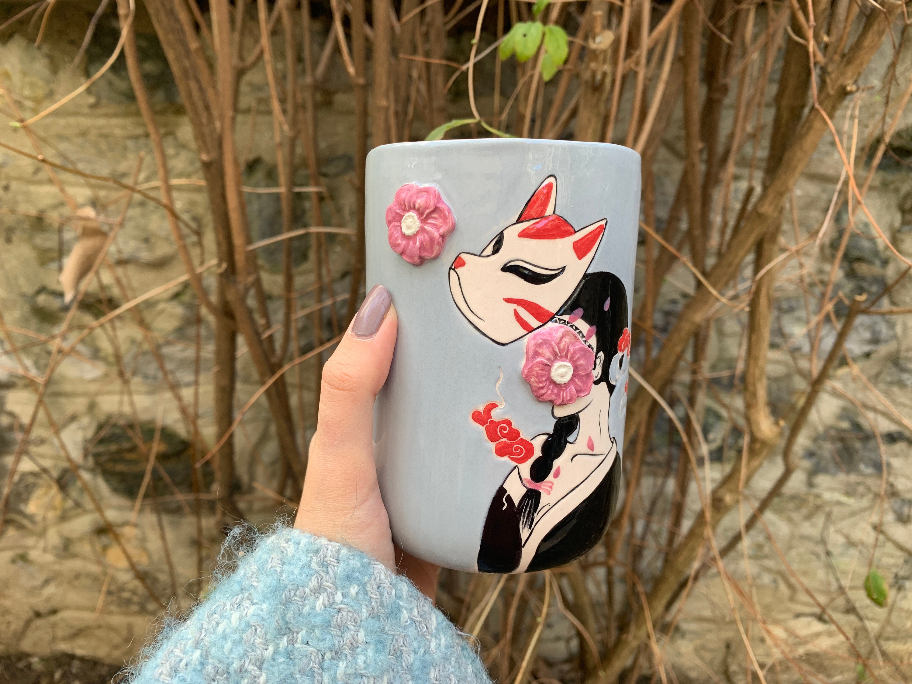 Kitsune Mug Kitsune Mask Coffee Cup Japanese Girl and Fox Etsy
