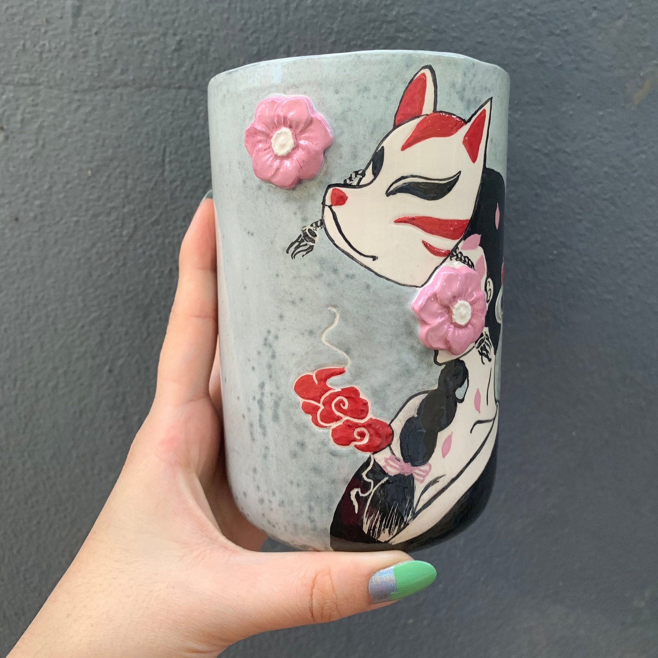 Kitsune Mug Kitsune Mask Coffee Cup Japanese Girl and Fox Etsy