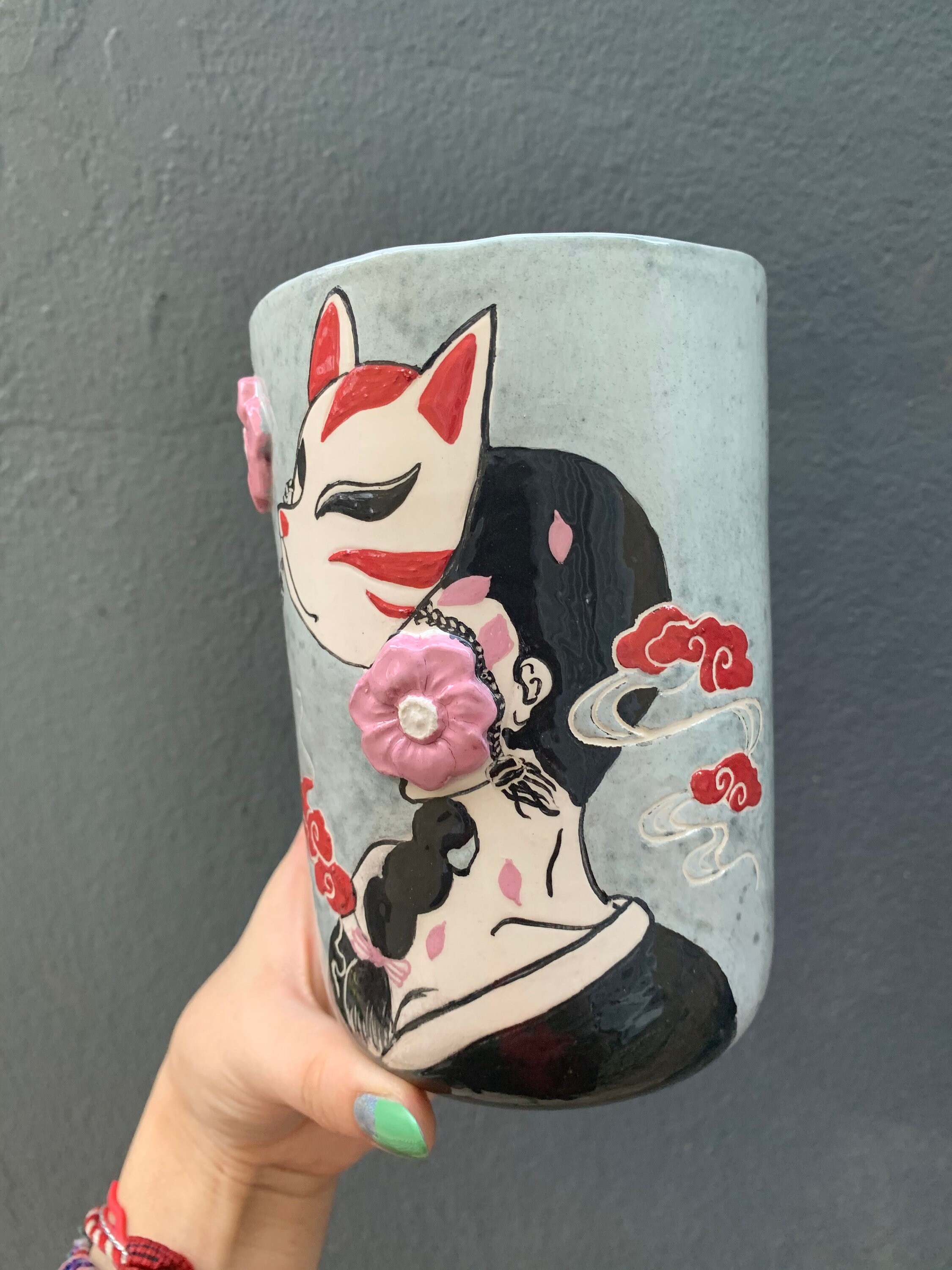 Kitsune Mug Kitsune Mask Coffee Cup Japanese Girl and Fox Etsy